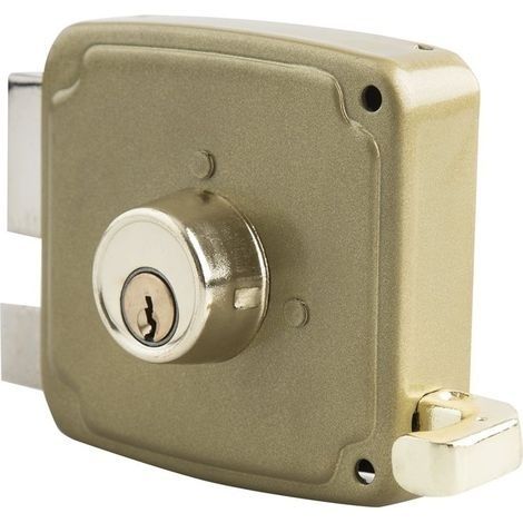 Serrure en applique beige avec cylindre et pêne métallique